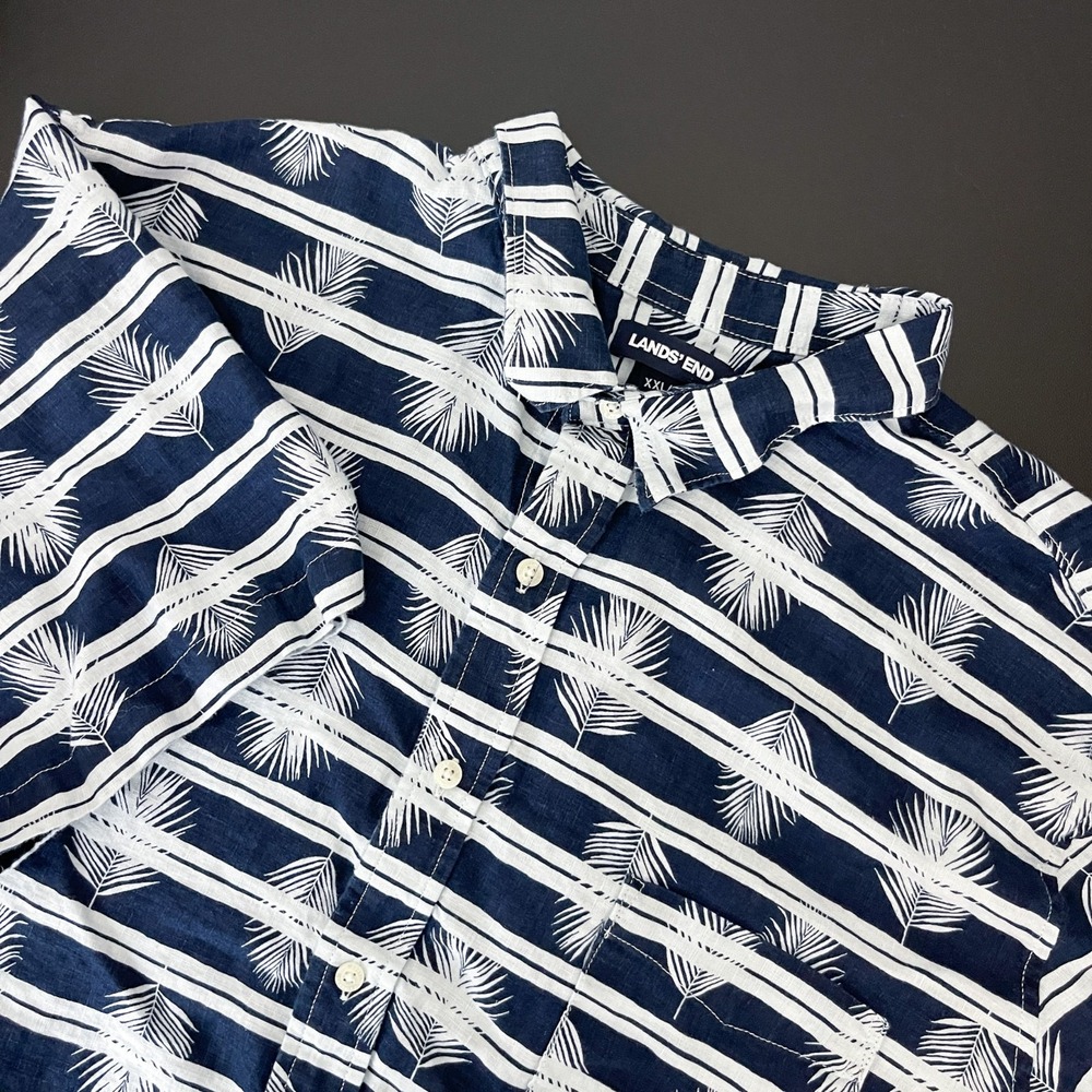 Lands End Linen Shirt Mens XXL Blue Stripe Button Up Short Sleeve Tropical Aloha